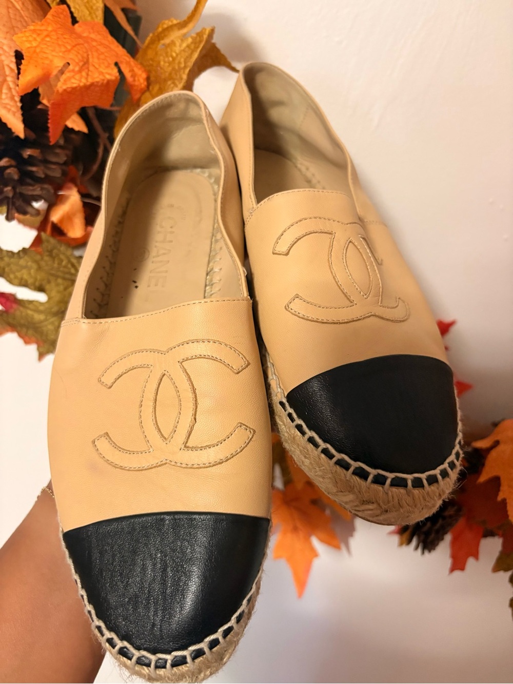 CHANEL Beige Leather Espadrilles with Black Cap Toe